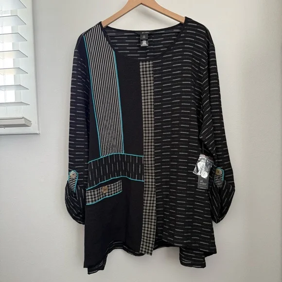 Ali Miles 3X NEW Printed Long Sleeve Tunic Oversized Black Lagenlook Relaxed - Picture 1 of 4